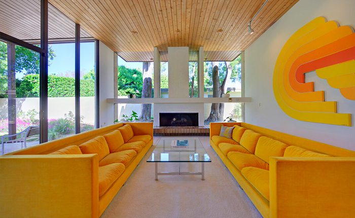 Bold supergraphics wall art energizes the living room of the Encino architectural home by architect Martin Gelber