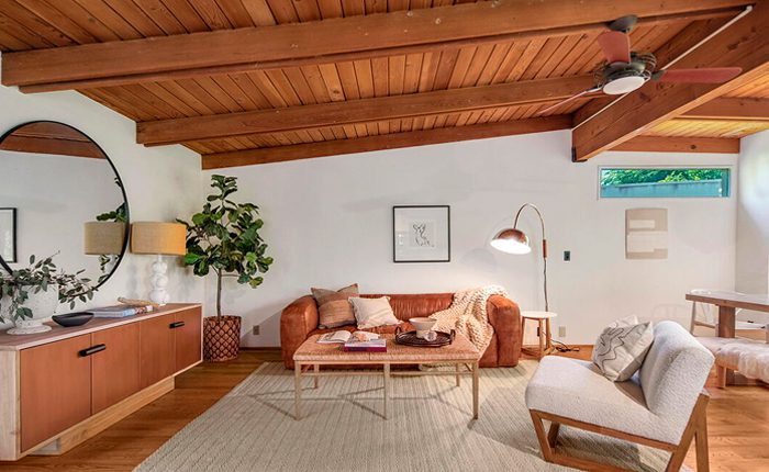 Living room of charming Los Feliz Mid Century home. This home is located in the Franklin Hills neighborhood