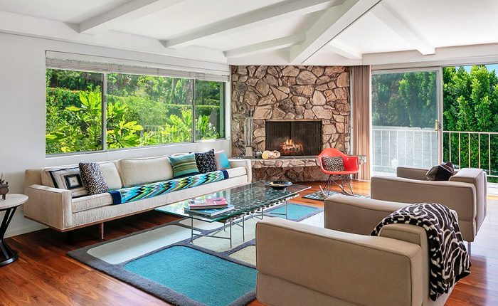 Classic Beverly Hills Mid Century home with rock covered fireplace