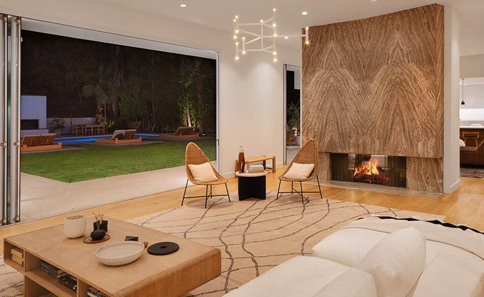 Trousdale Estates Mid Century Home with book matched stone fireplace