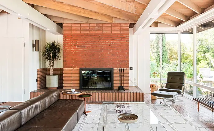 San Rafael Hills Mid Century Modern home with classic brick fireplace