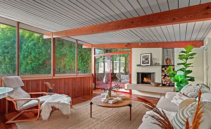 Bel Air Mid Century Modern home with beamed ceiling
