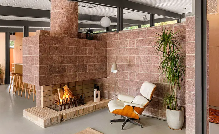 Classic fireplace in a Crestwood Hills Quincy Jones Mid Century Modern home
