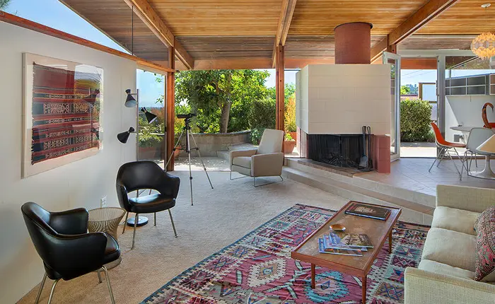 Open floor plan living room of a Crestwood Hills mid century house by architect A. Quincy Jones
